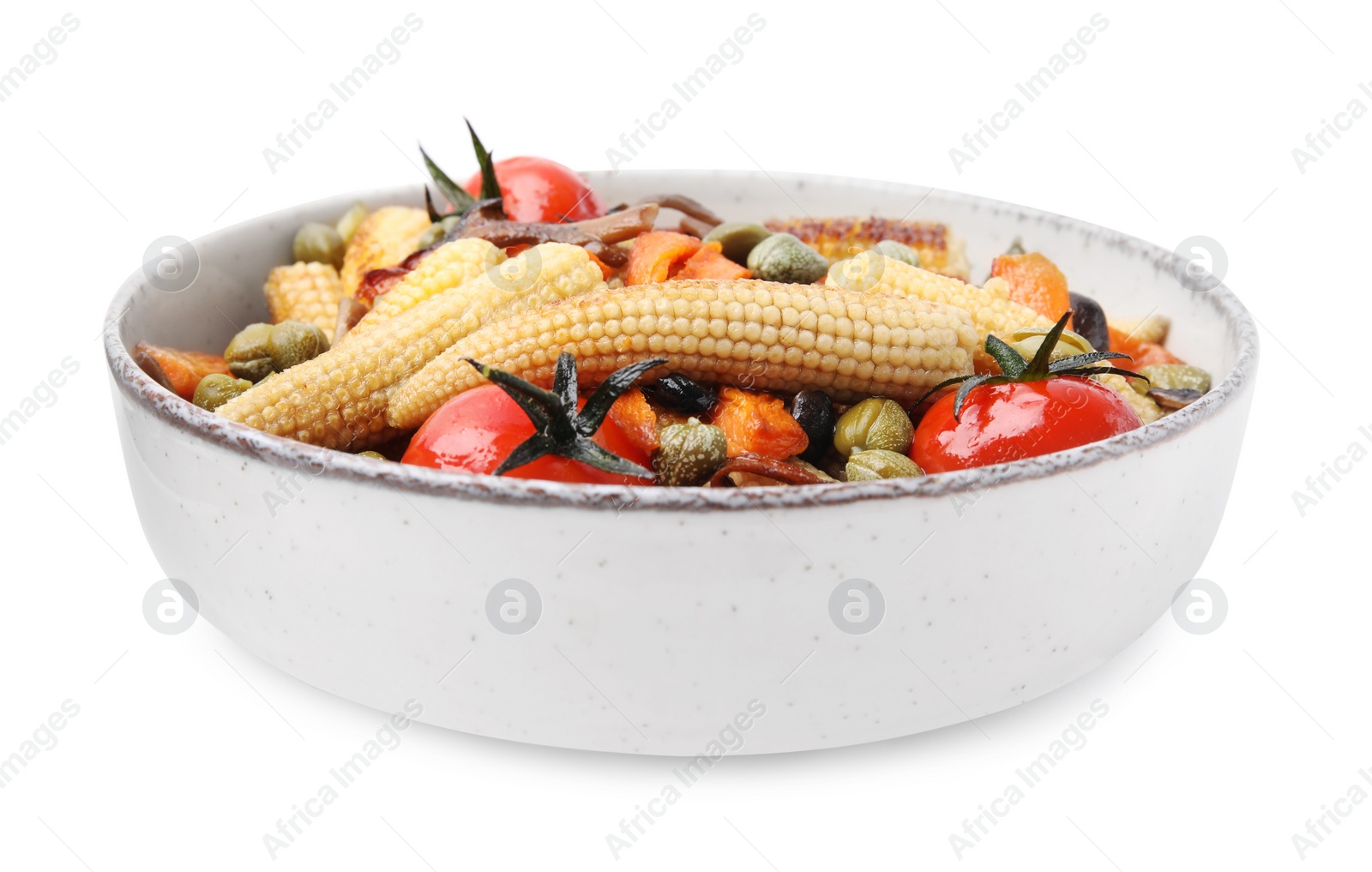 Photo of Tasty roasted baby corn with tomatoes and capers isolated on white