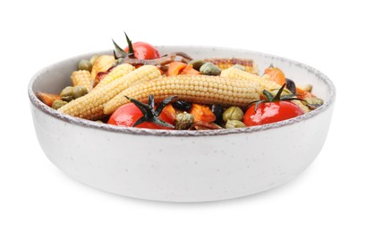 Photo of Tasty roasted baby corn with tomatoes and capers isolated on white