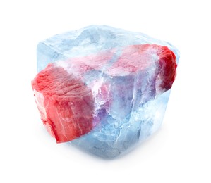 Image of Frozen food. Raw beef cut in ice cube isolated on white