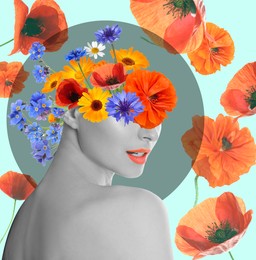 Creative art collage with beautiful meadow flowers and woman on color background