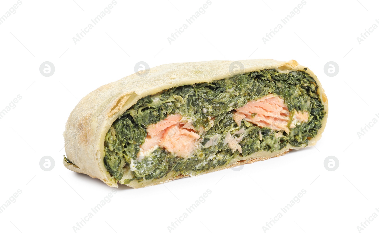 Photo of Piece of tasty strudel with salmon and spinach isolated on white