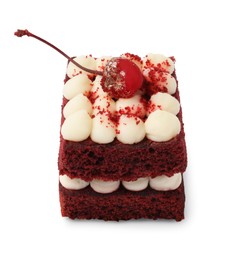 Photo of Piece of delicious red velvet cake on white background