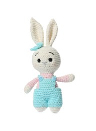 Photo of One crochet rabbit isolated on white. Children's toy