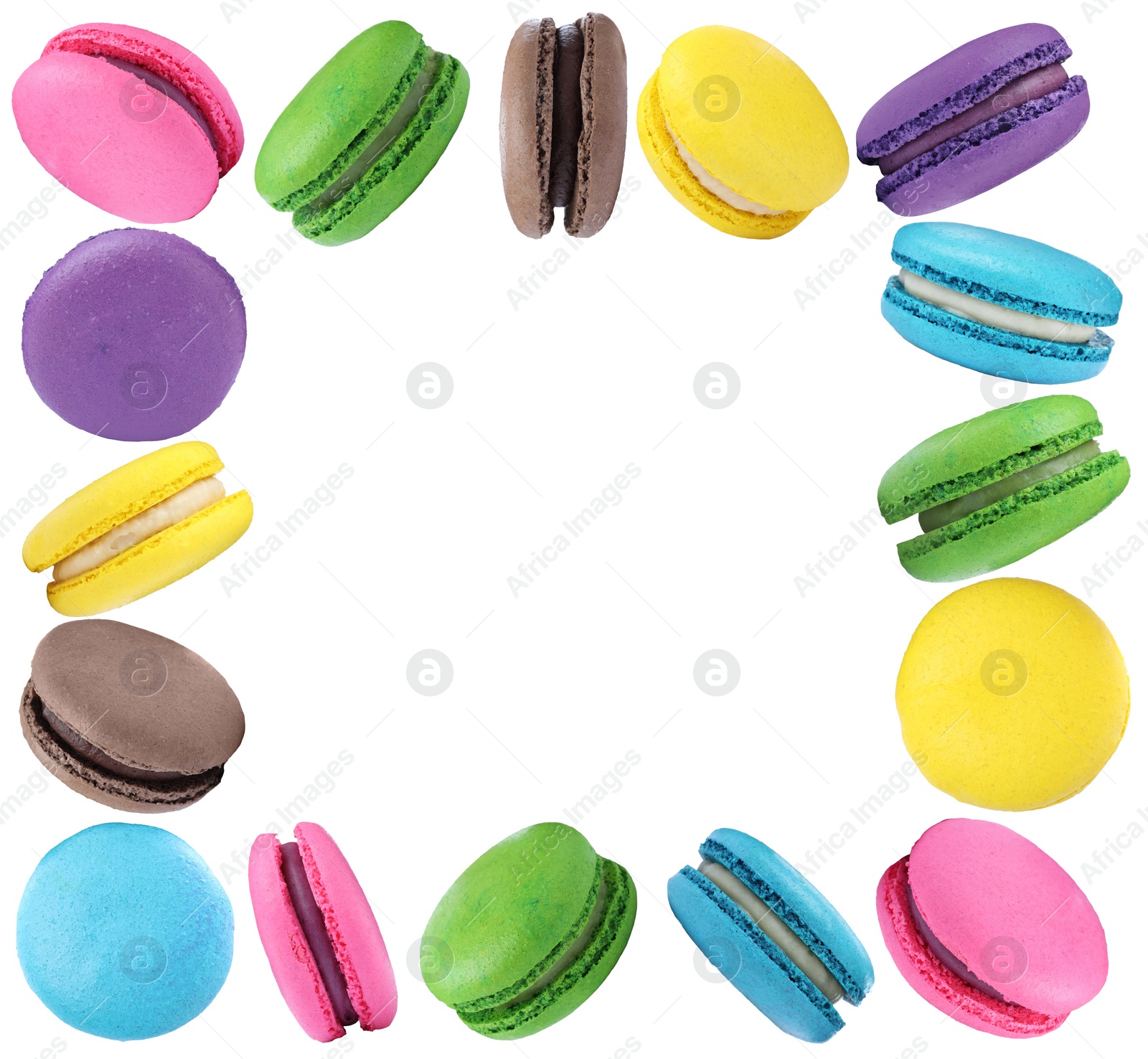 Image of Frame made of delicious macarons on white background