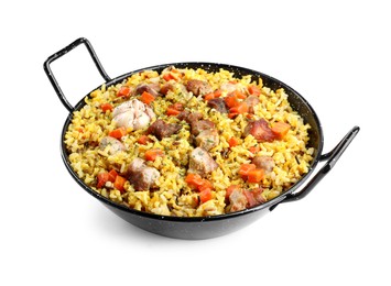 Photo of Delicious pilaf with meat, carrot and garlic isolated on white