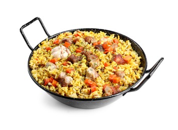 Delicious pilaf with meat, carrot and garlic isolated on white