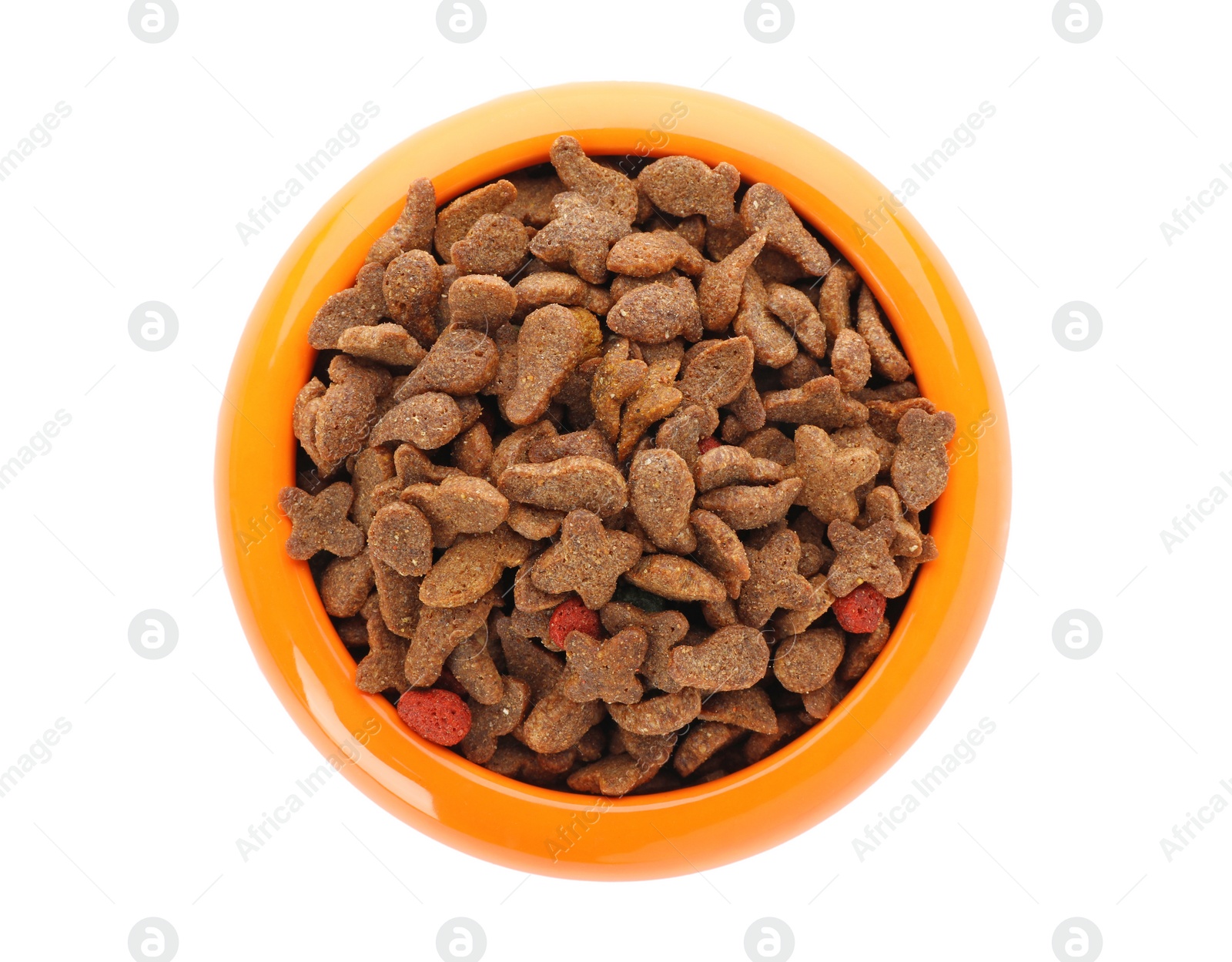 Photo of Bowl of dry pet food on white background, top view