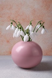 Beautiful snowdrops in vase on white wooden table