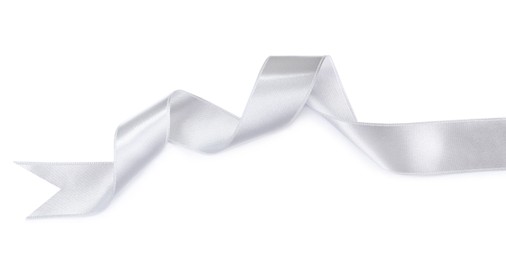 Photo of Silver satin ribbon on white background, top view