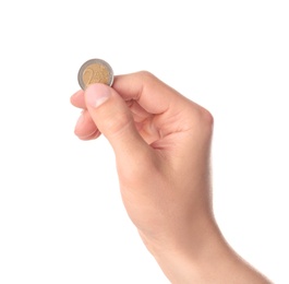 Photo of Man holding coin in hand on white background, closeup