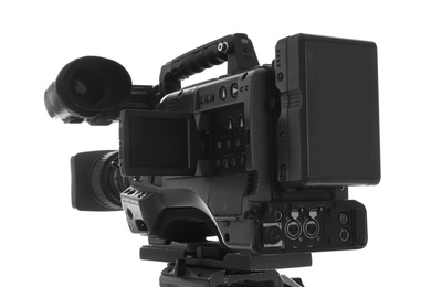 Modern professional video camera isolated on white, closeup