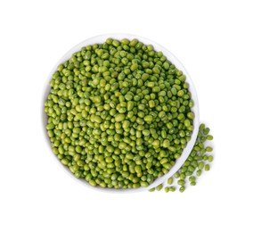 Photo of Bowl with green mung beans isolated on white, top view. Organic grains