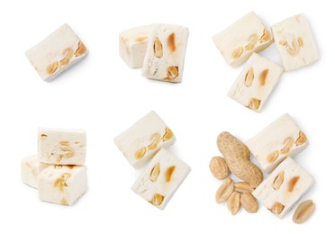 Image of Delicious nougat with peanuts on white background, collage design