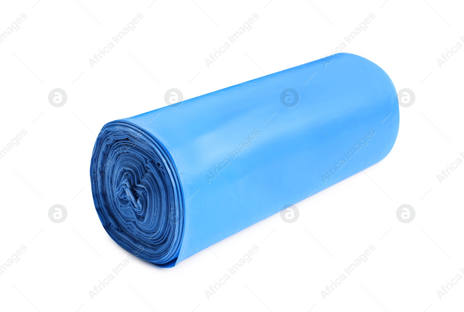 Photo of Roll of turquoise garbage bags on white background. Cleaning supplies