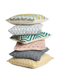 Photo of Stack of colorful decorative pillows on white background