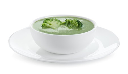 Photo of Delicious broccoli cream soup in bowl isolated on white