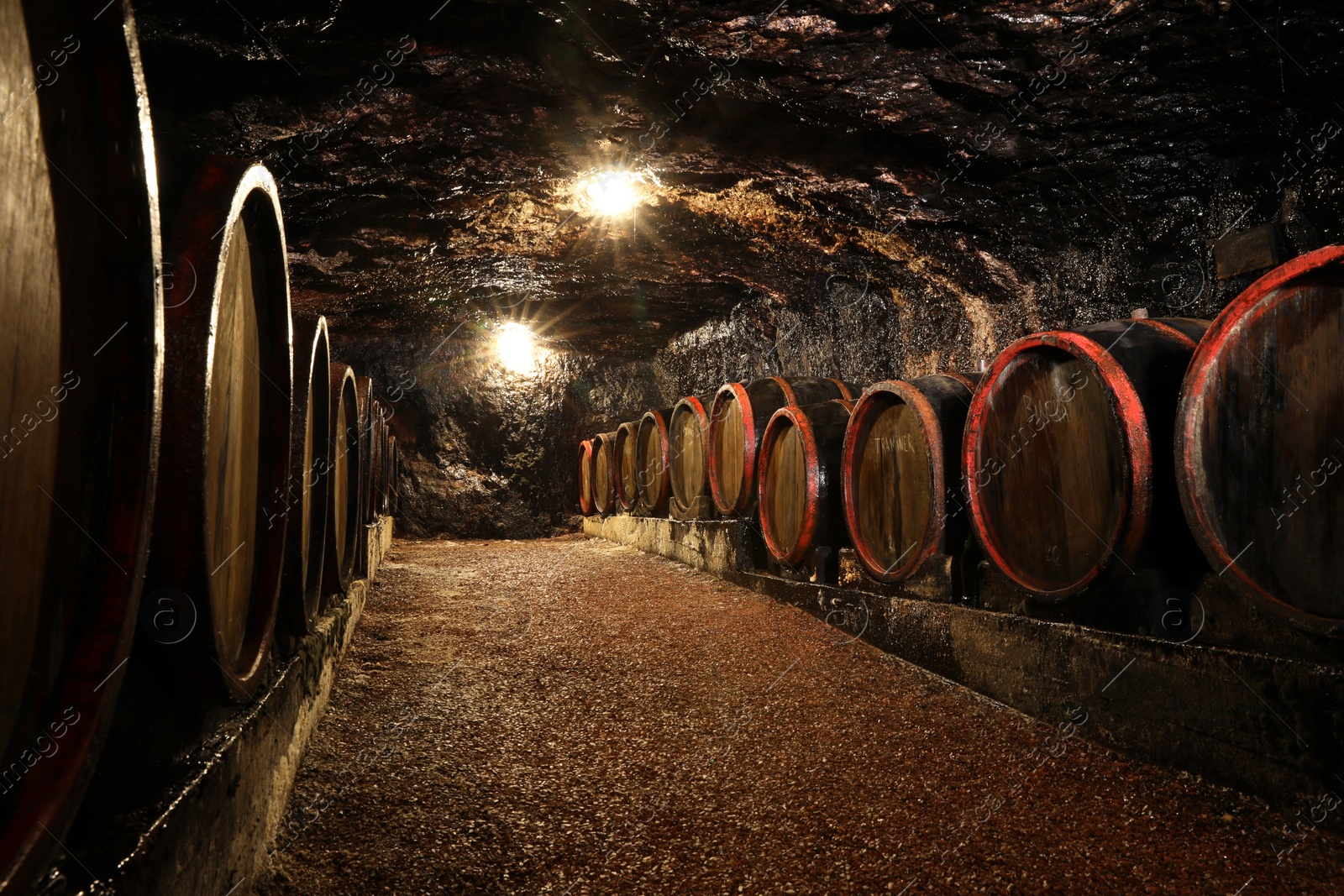 Photo of Bene, Ukraine - June 23, 2023: Many wooden barrels with alcohol drinks in cellar