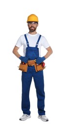 Photo of Professional builder in uniform with tool belt isolated on white