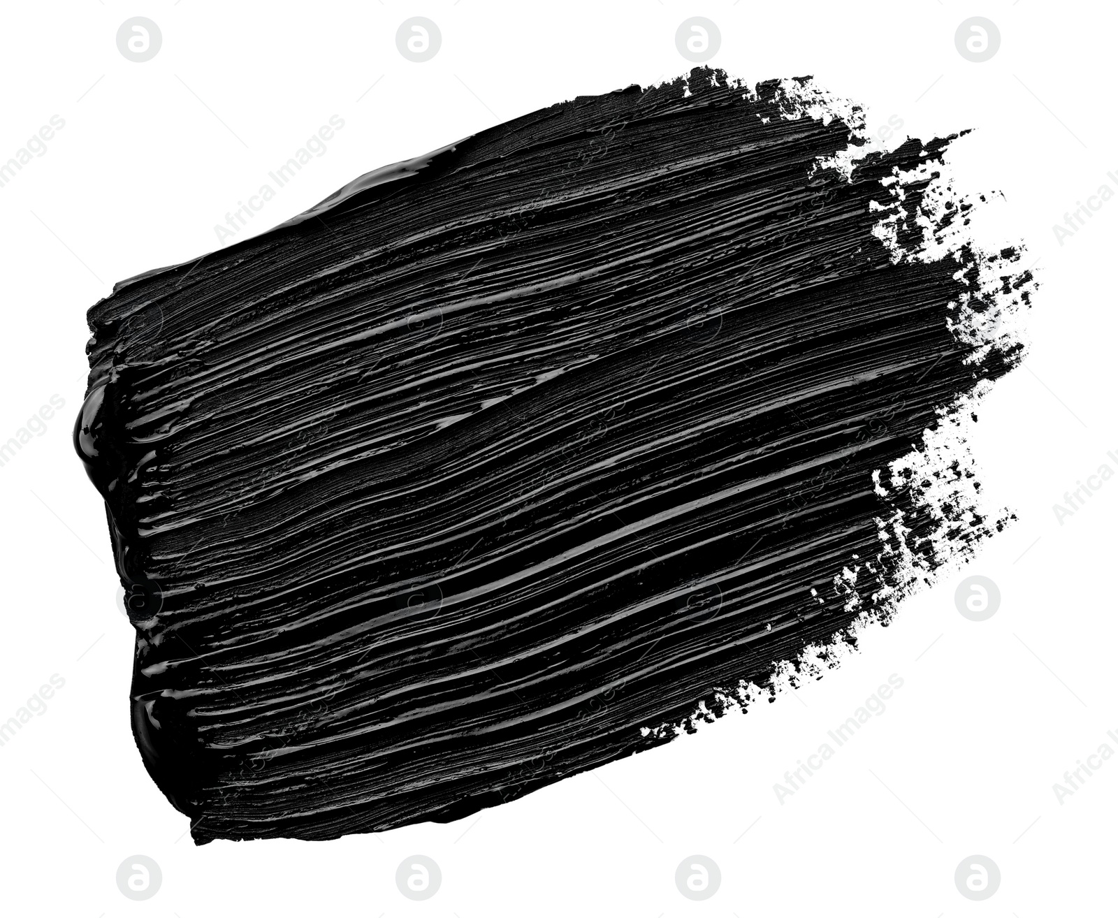 Photo of Brushstrokes of black oil paint on white background, top view