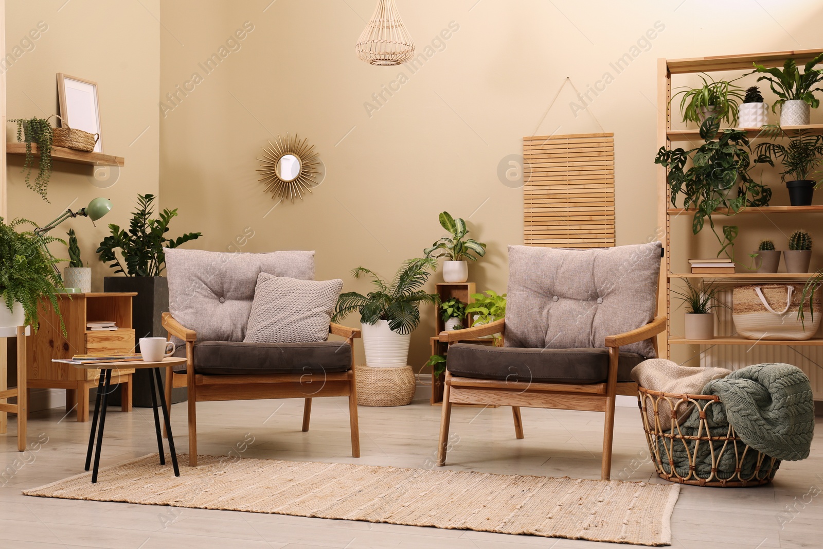 Photo of Lounge area interior with comfortable armchairs and beautiful houseplants