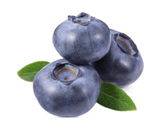 Fresh ripe blueberries and leaves isolated on white