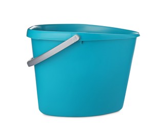 Photo of Empty light blue bucket for cleaning isolated on white