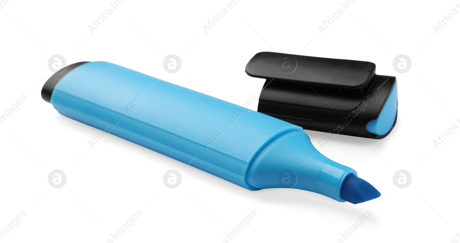 Photo of Bright blue marker isolated on white. Office stationery
