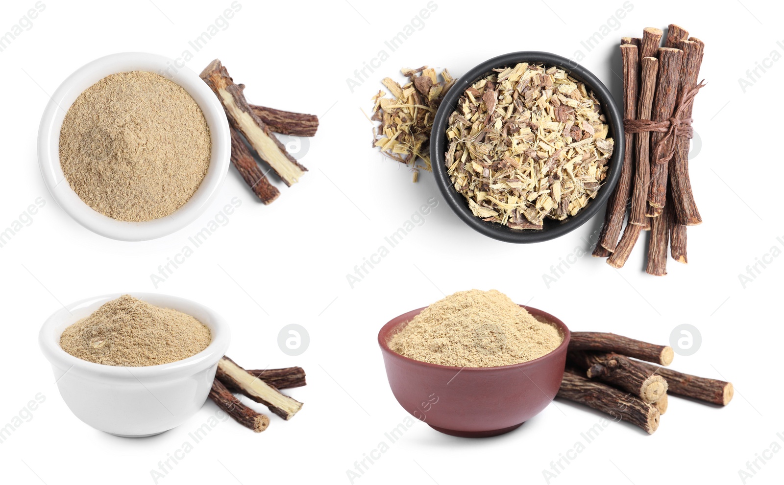 Image of Set with dried sticks of liquorice root, shavings and powder on white background 