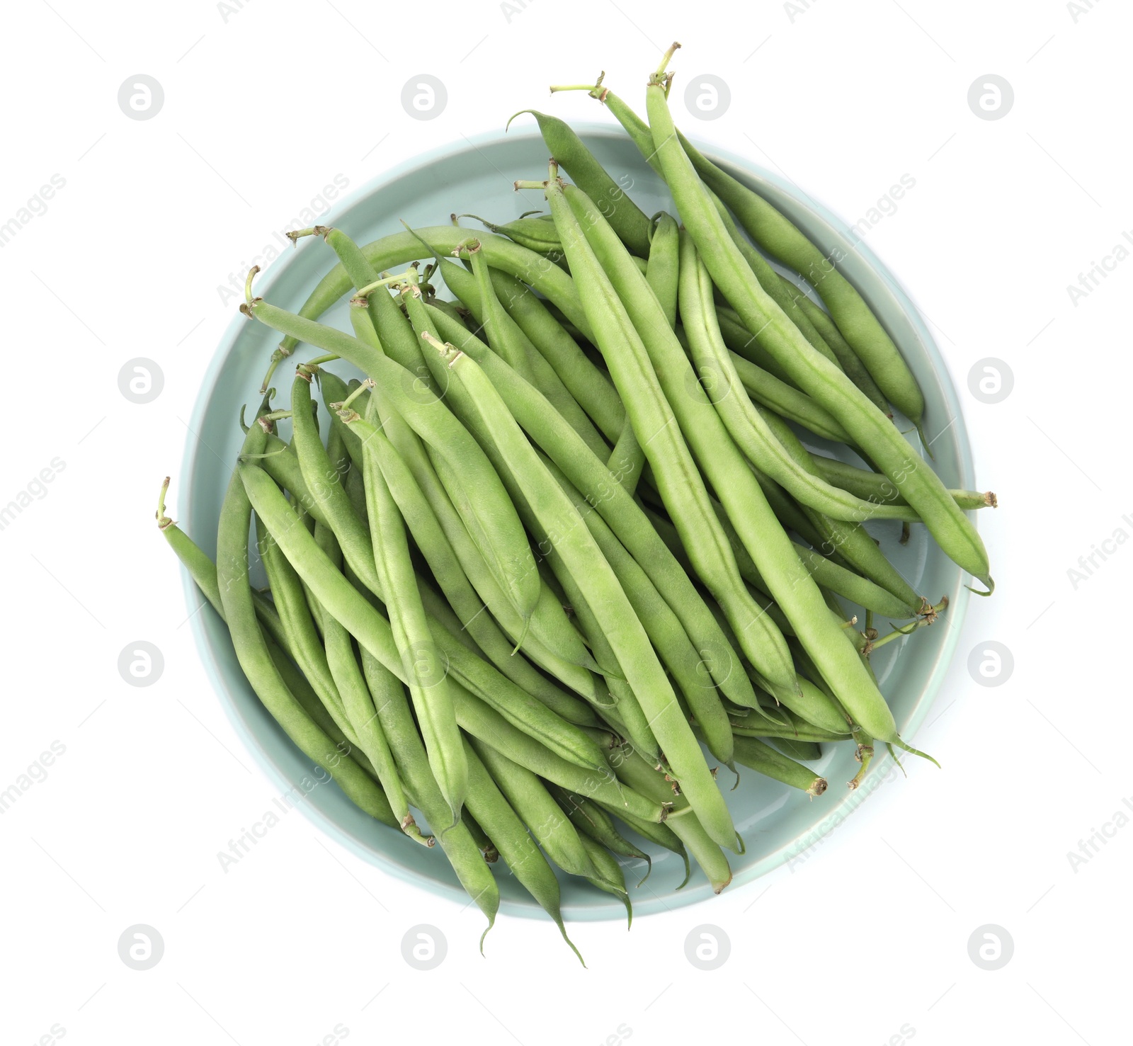 Photo of Fresh green beans isolated on white, top view