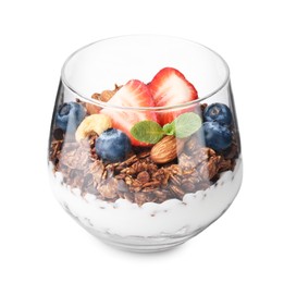 Photo of Tasty granola with berries, nuts and yogurt in glass isolated on white