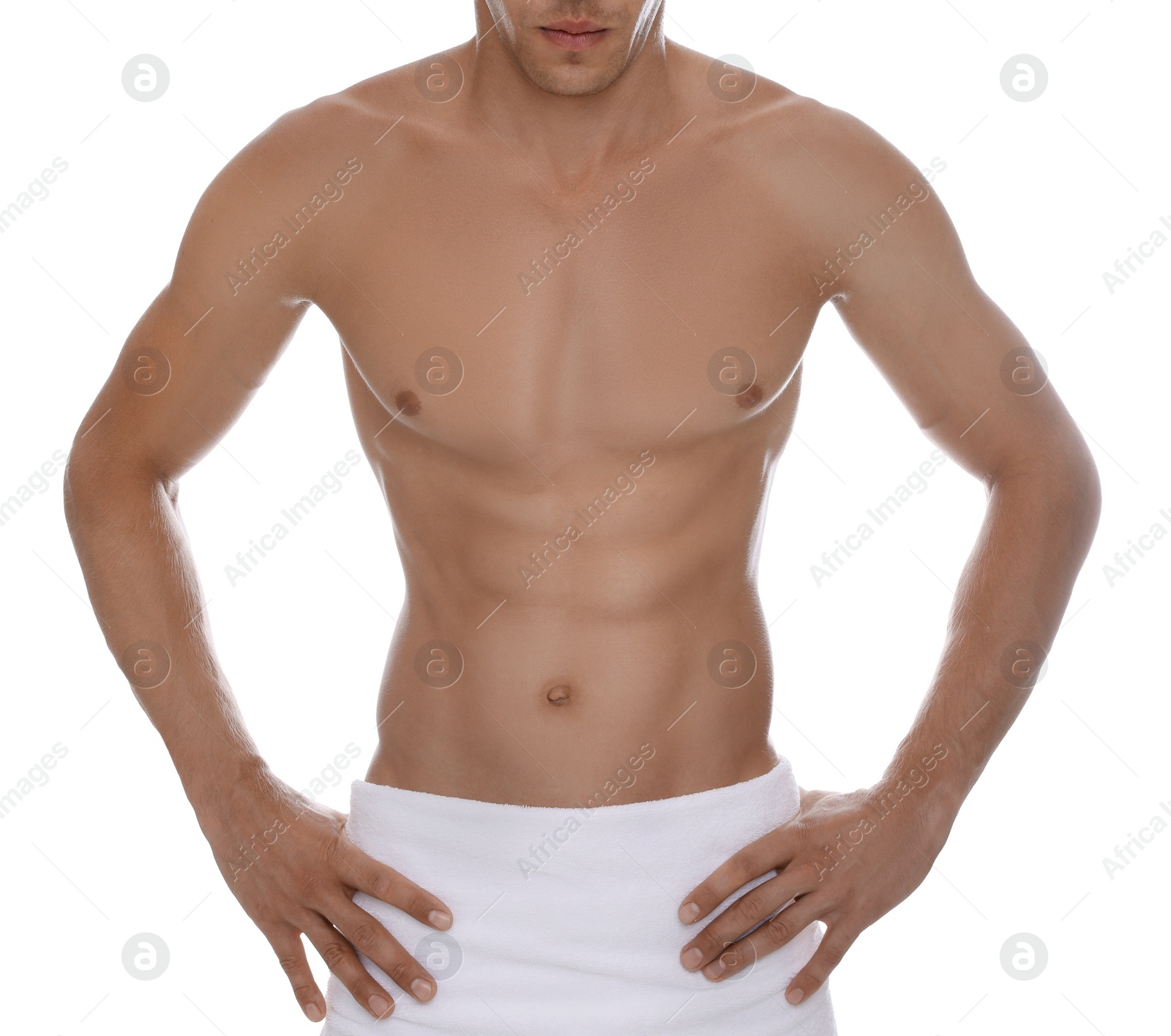 Photo of Shirtless man with slim body and towel wrapped around his hips isolated on white, closeup