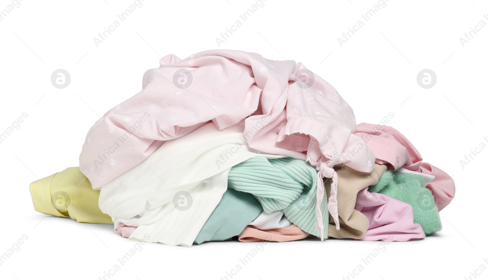 Photo of Pile of colorful clothes isolated on white