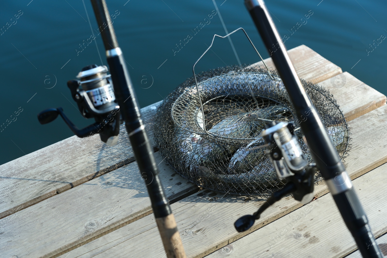 Photo of Fishing rods and fresh fish on wooden pier near pond