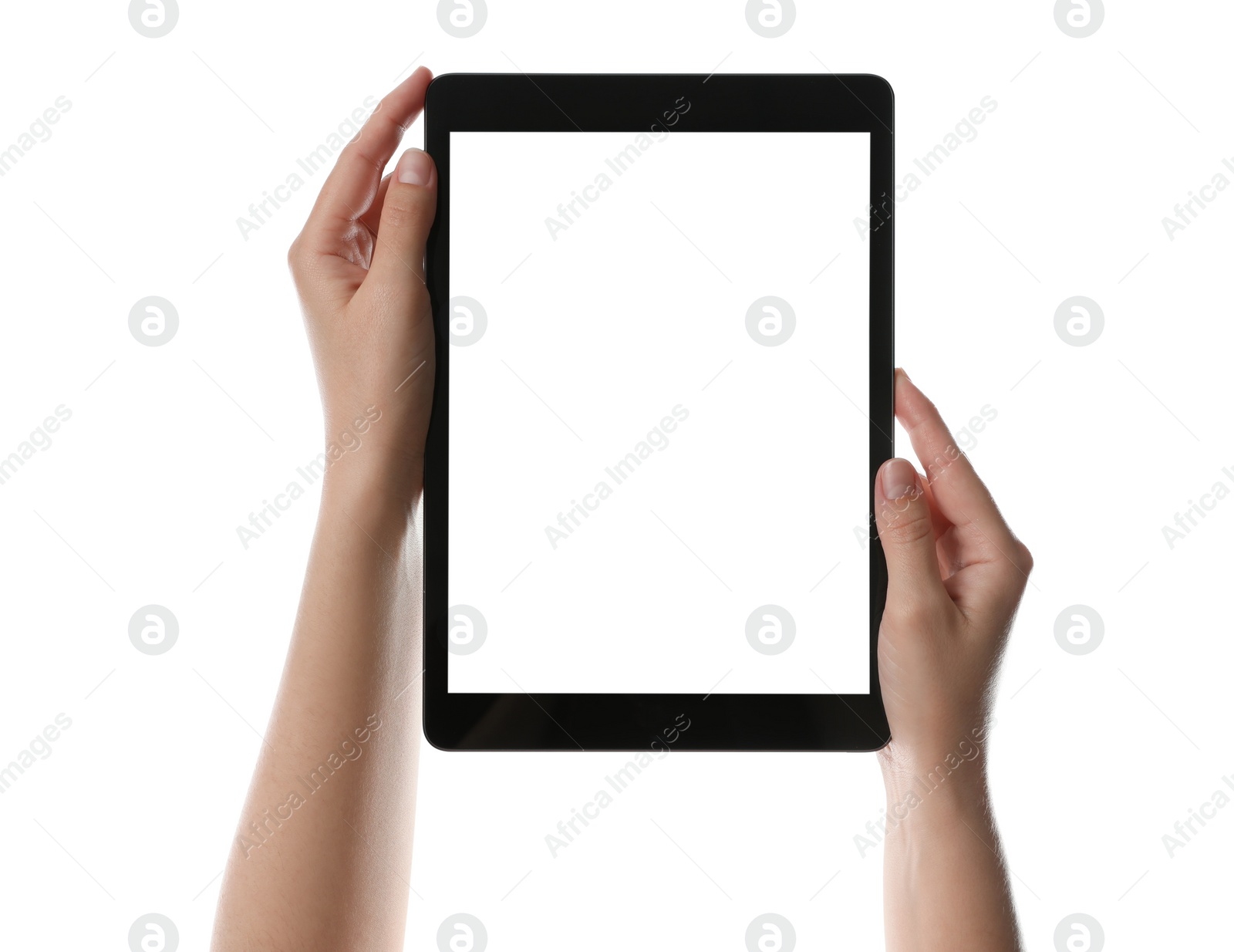 Photo of Woman holding tablet computer with blank screen on white background, closeup. Modern gadget