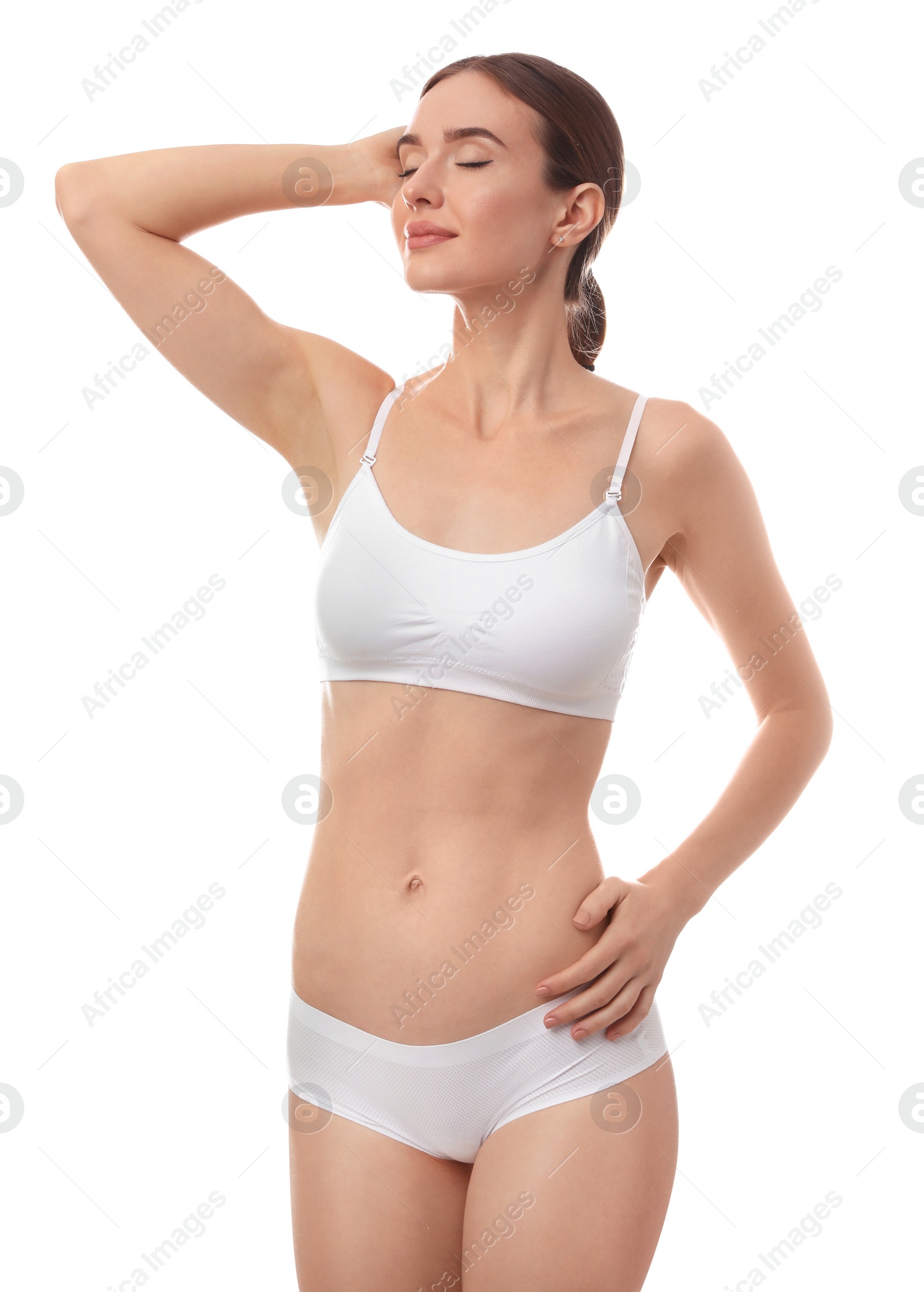 Photo of Beautiful woman in underwear on white background
