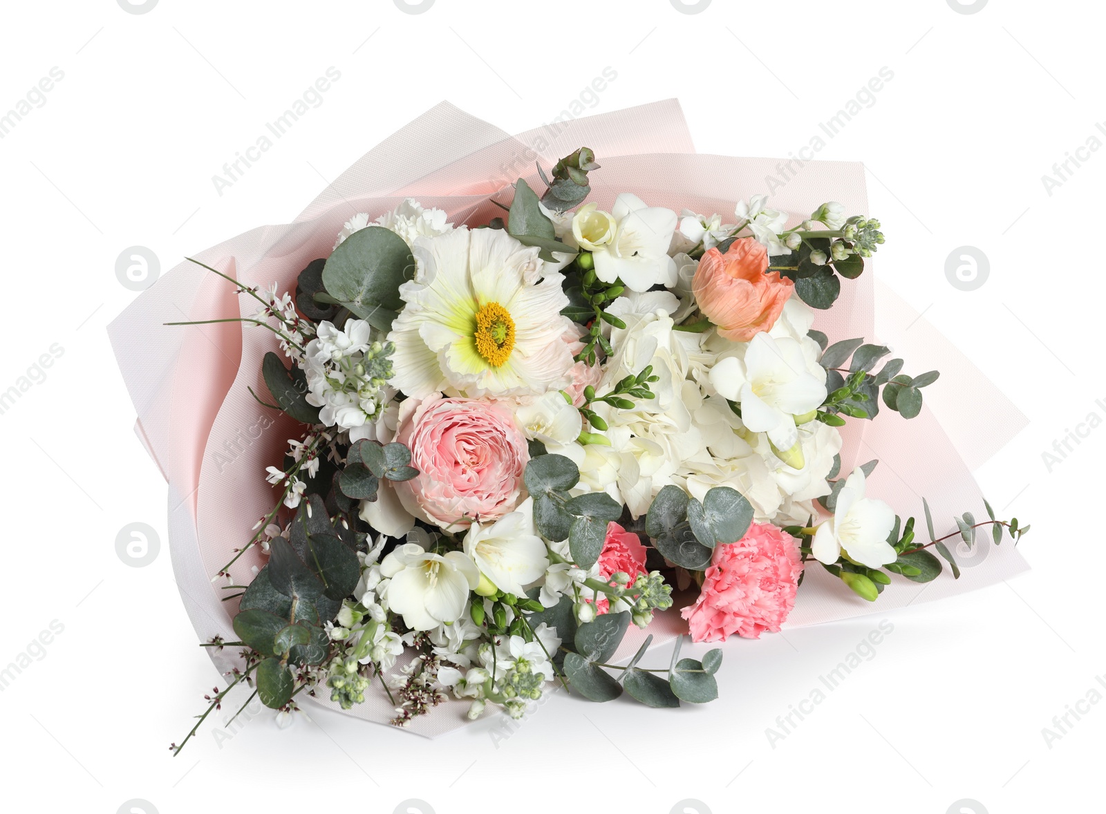 Photo of Bouquet of beautiful flowers on white background