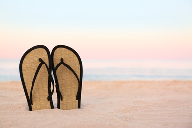 Photo of Stylish flip flops on sand near sea, space for text. Beach accessories