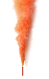 Photo of Bright orange smoke bomb on white background