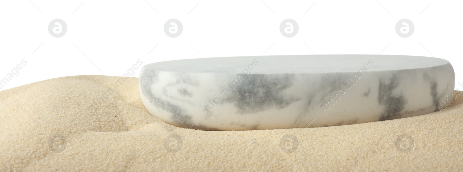 Photo of Presentation of product. Stone podium on sand against white background