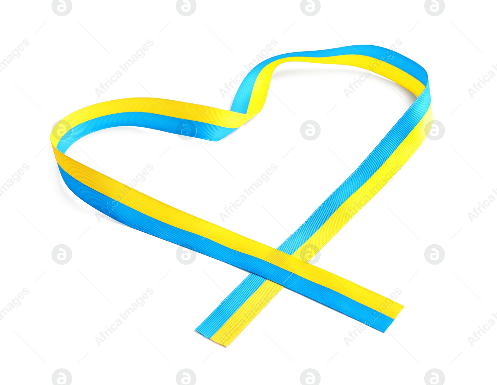 Photo of Heart shaped ribbon with colors of national Ukrainian flag isolated on white