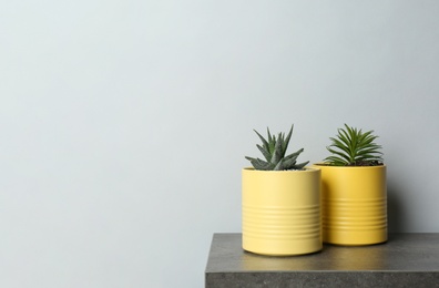 Photo of Beautiful echeveria plants in yellow tin cans on grey stone table. Space for text