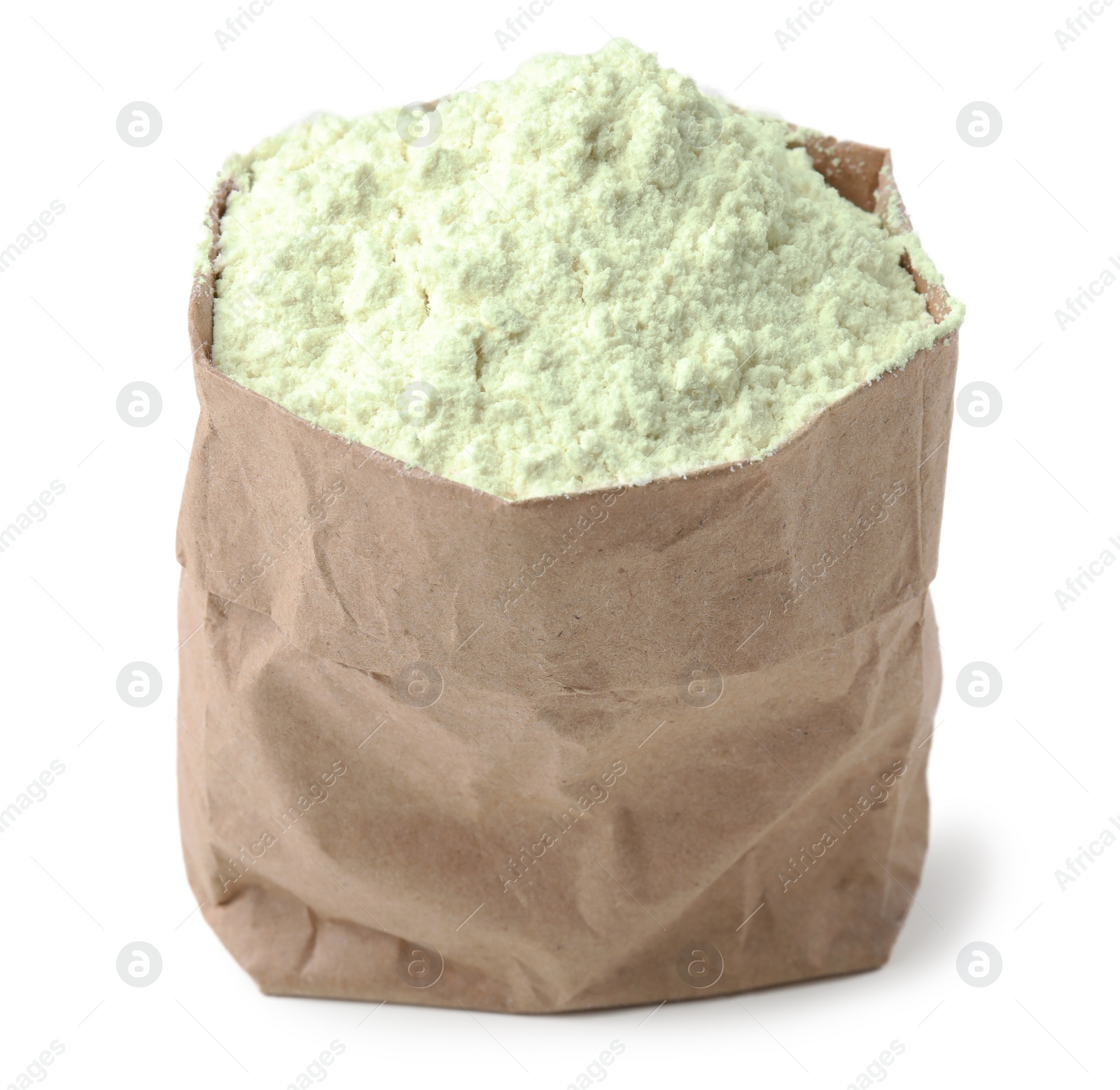 Photo of Mung bean flour in paper bag isolated on white