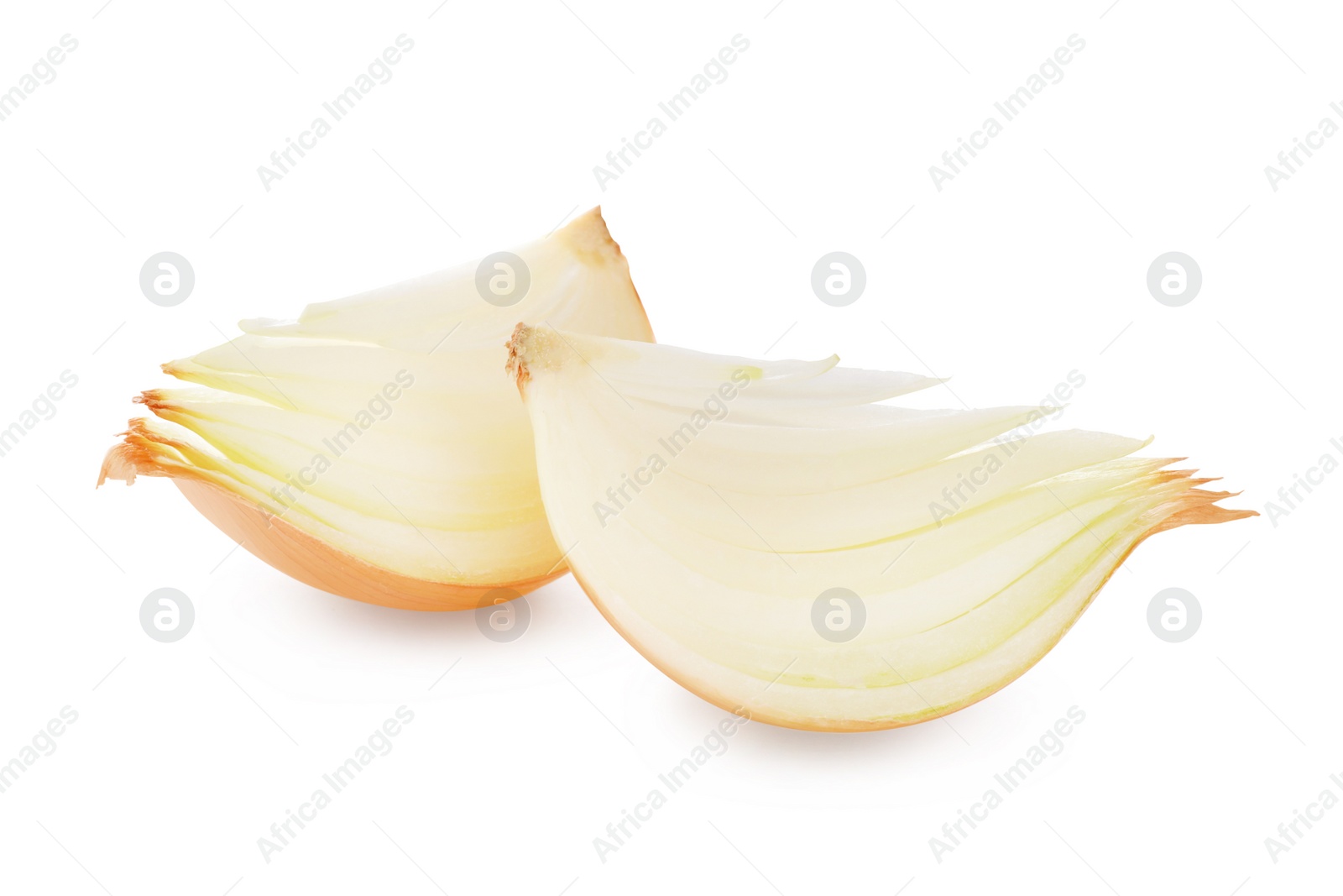 Photo of Pieces of fresh ripe onion on white background