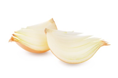 Pieces of fresh ripe onion on white background