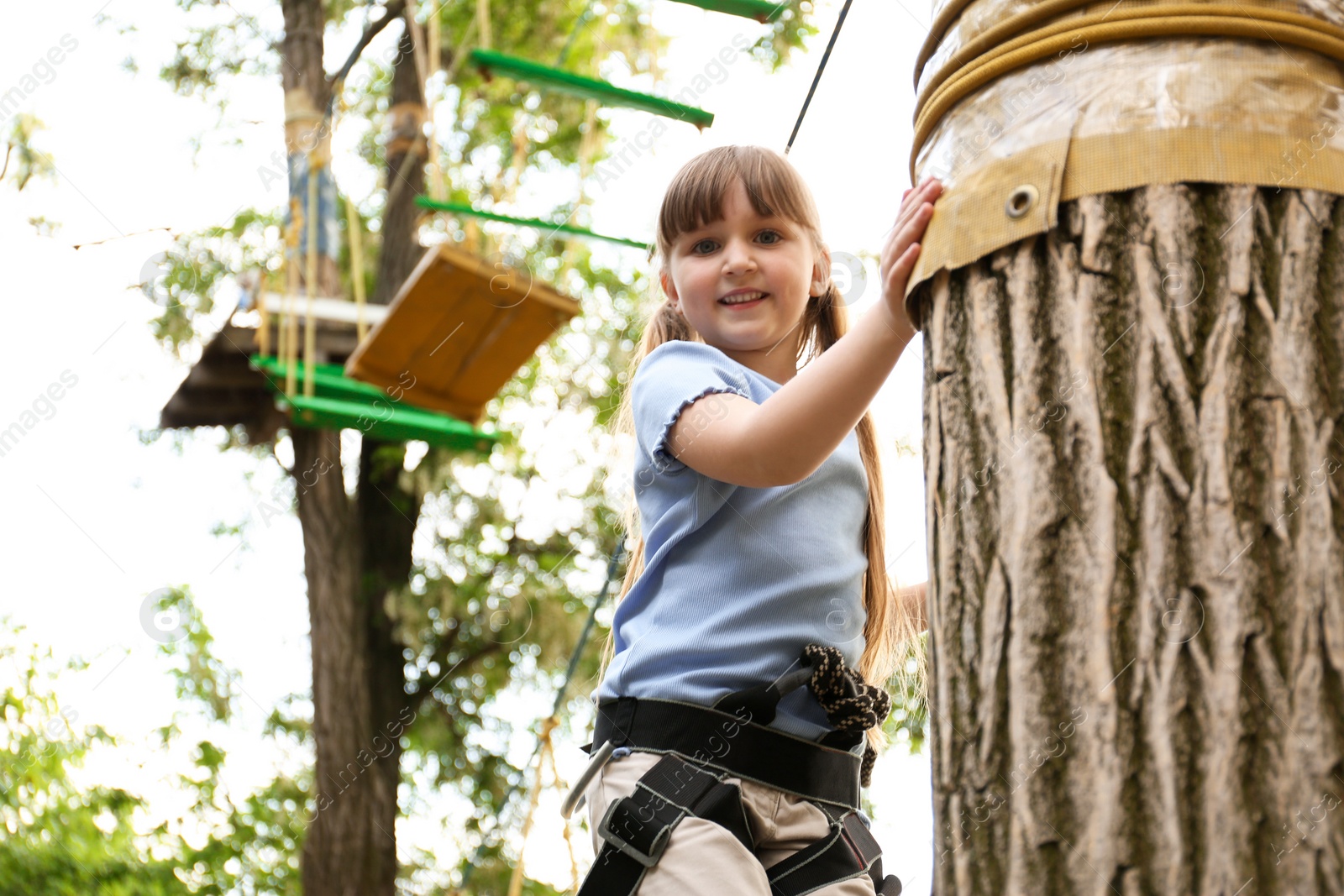 Photo of Little girl climbing in adventure park. Summer camp