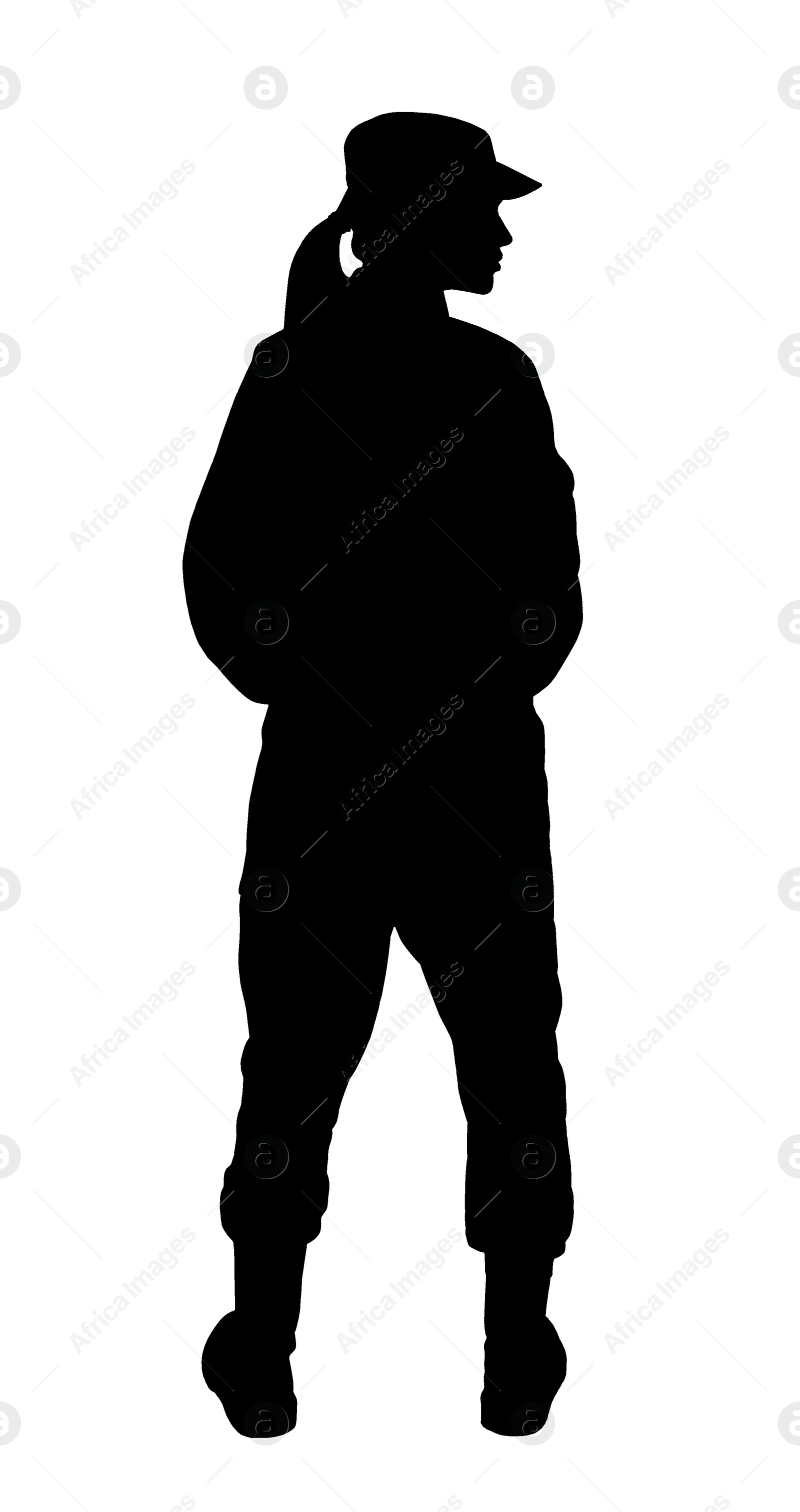 Image of Silhouette of soldier in uniform on white background. Military service