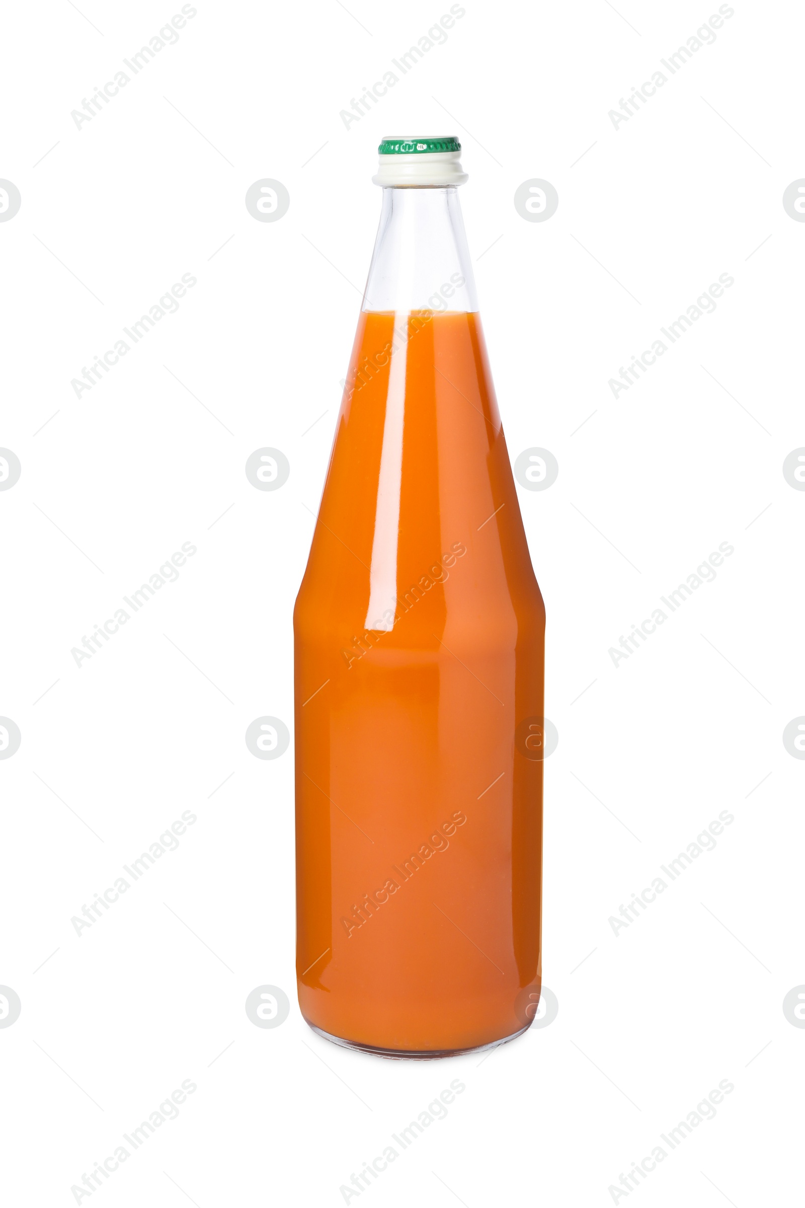 Photo of Fresh carrot juice in glass bottle isolated on white