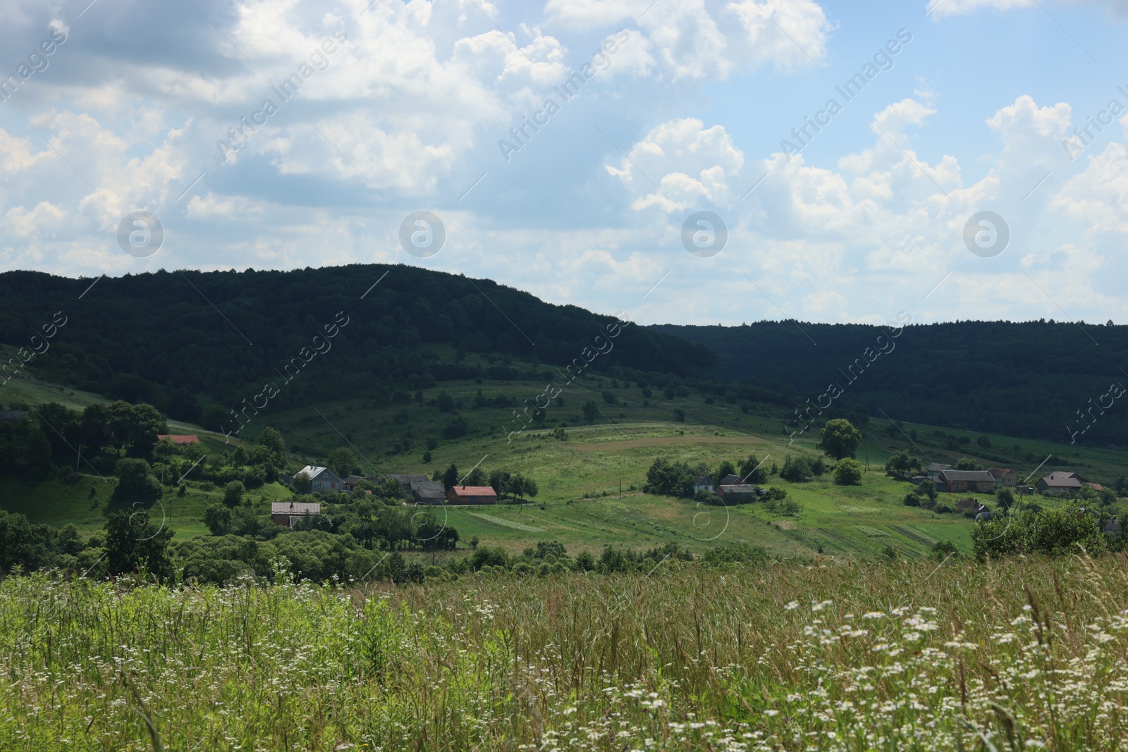 Photo of Beautiful landscape with village in mountains under blue sky