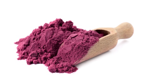 Photo of Acai powder and wooden scoop on white background