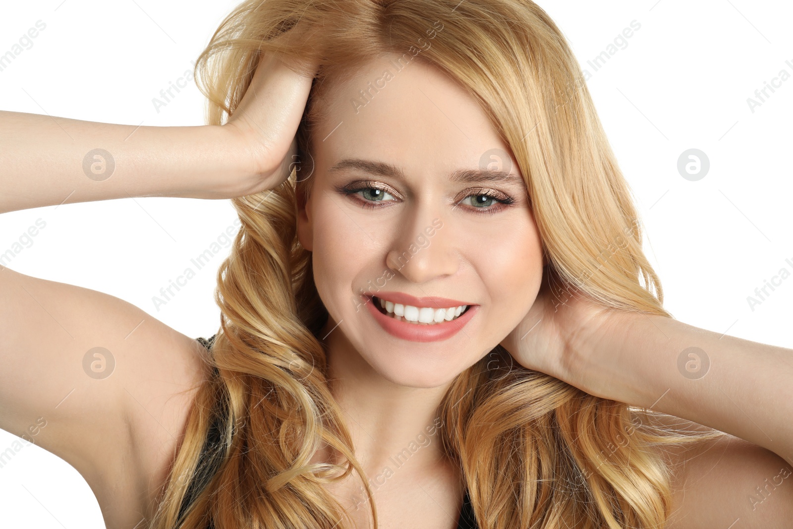 Photo of Portrait of beautiful young woman with dyed long hair on white background